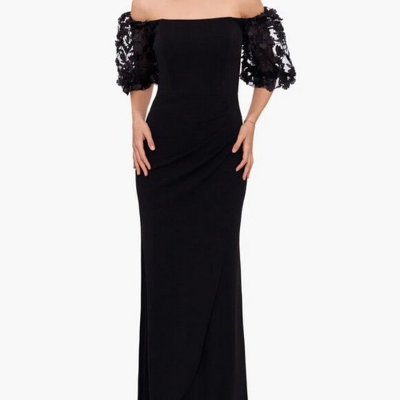 Xscape Black Off the Shoulder Floral Applique Trumpet Gown - Picture 1 of 7